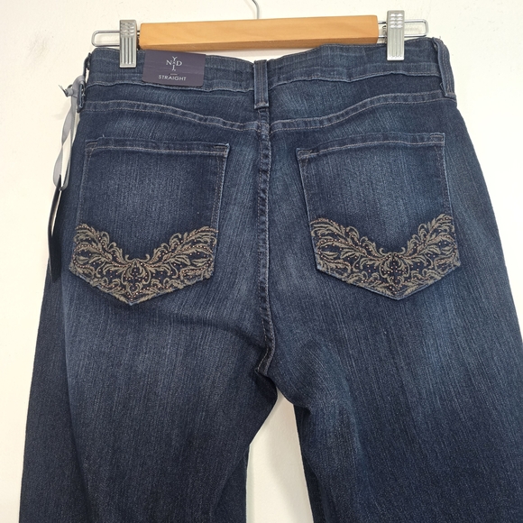 NYDJ Straight Leg Burbank Wash Blue Jeans Embrodered Beaded Pockets - Picture 8 of 13